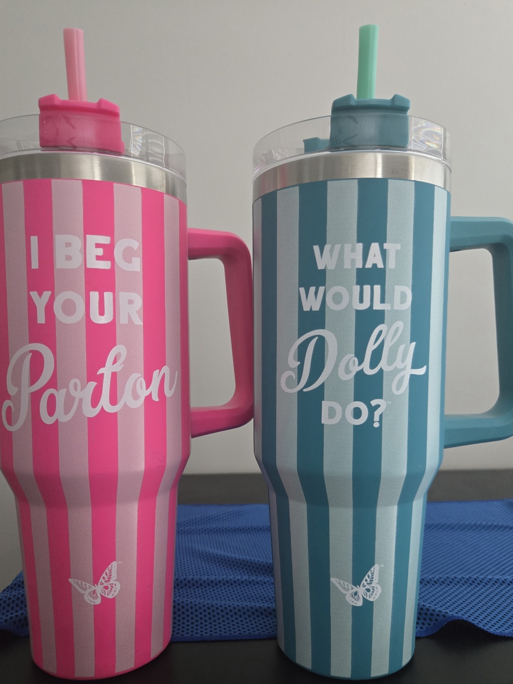 Pink Striped Insulated Travel Tumbler with Handle and Straw